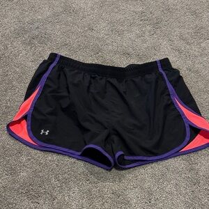Under Armour Women's Black Shorts with Pink and Purple Accents